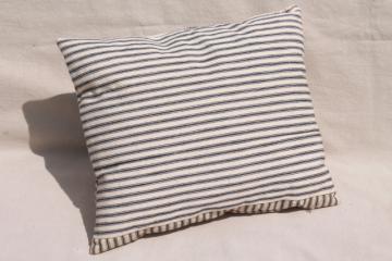 catalog photo of primitive pillow w/ indigo blue striped ticking, antique vintage feather pillow