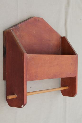 photo of primitive pine wall box w/ kitchen towel bar, handmade folk art vintage 1959 #1