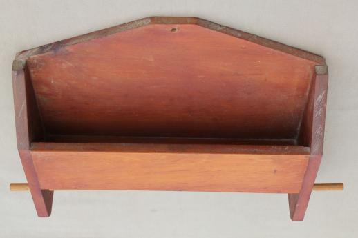 photo of primitive pine wall box w/ kitchen towel bar, handmade folk art vintage 1959 #4