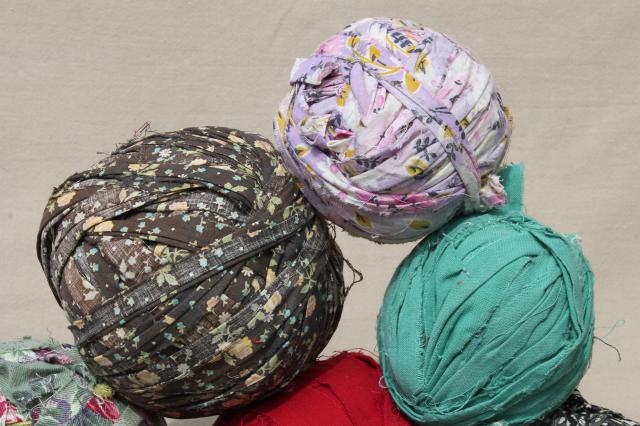 photo of primitive rag balls all vintage fabrics, worn shabby prints & solids for making rugs #2