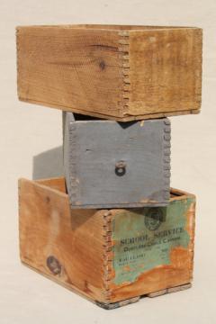 catalog photo of primitive rough wood shipping crates, antique wooden boxes w/ dovetailed finger jointed construction