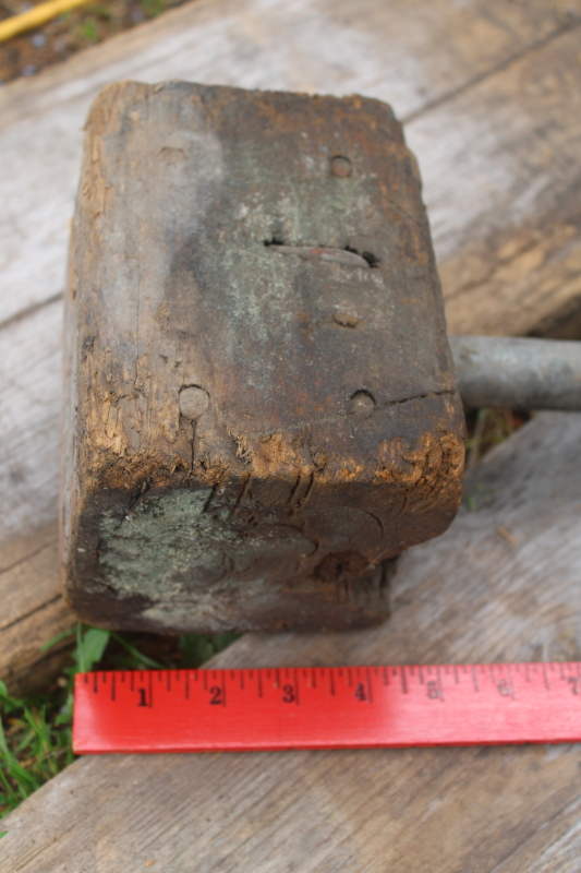 photo of primitive rough worn old wood mallet with metal pipe handle, vintage farm tool  #2