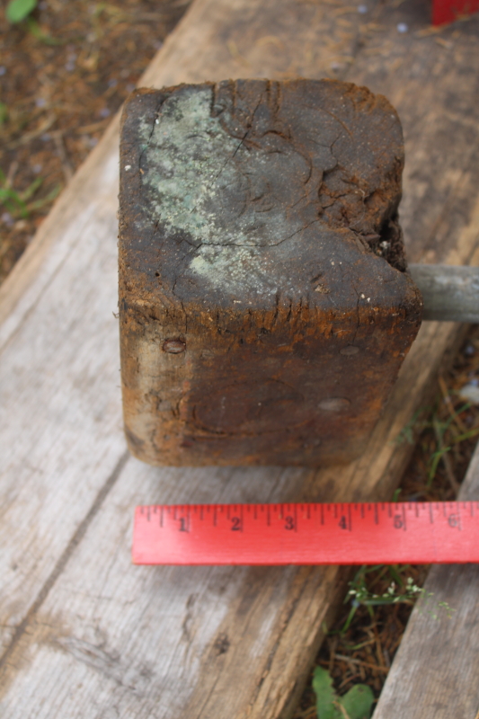 photo of primitive rough worn old wood mallet with metal pipe handle, vintage farm tool  #3