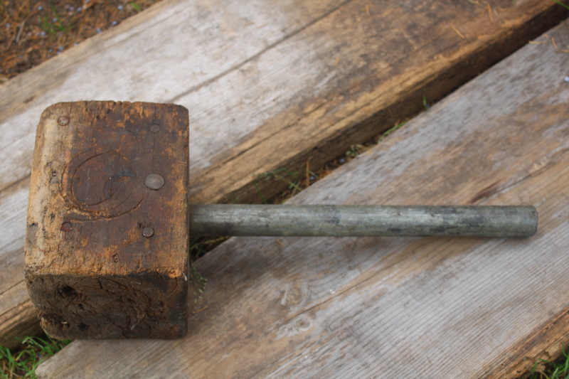 photo of primitive rough worn old wood mallet with metal pipe handle, vintage farm tool  #5