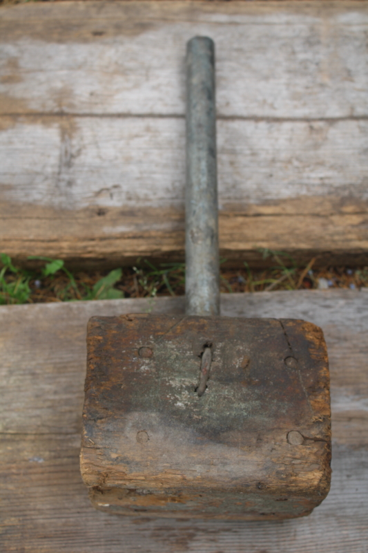 photo of primitive rough worn old wood mallet with metal pipe handle, vintage farm tool  #6