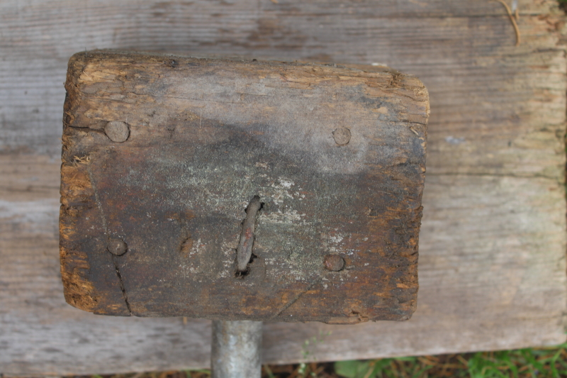 photo of primitive rough worn old wood mallet with metal pipe handle, vintage farm tool  #7