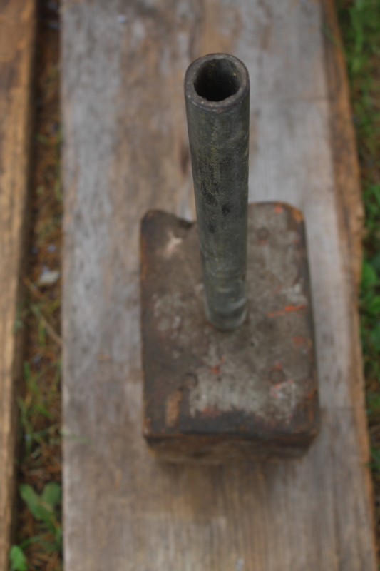 photo of primitive rough worn old wood mallet with metal pipe handle, vintage farm tool  #8