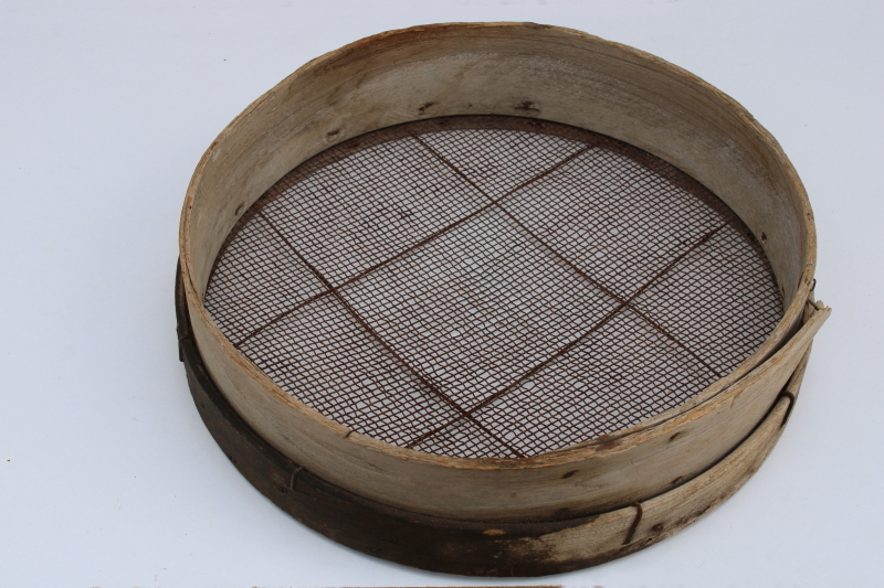 photo of primitive rustic antique grain sifter, round bent wood frame w/ wire screen sieve #1