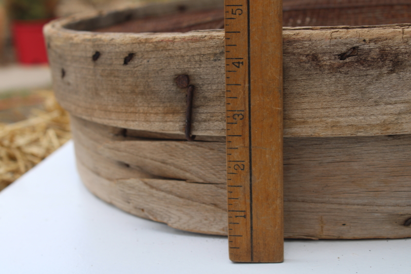 photo of primitive rustic antique grain sifter, round bent wood frame w/ wire screen sieve #6