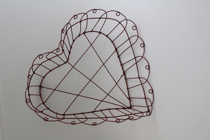 photo of primitive rustic barn red heart basket, vintage hand wrought wire work heart #1