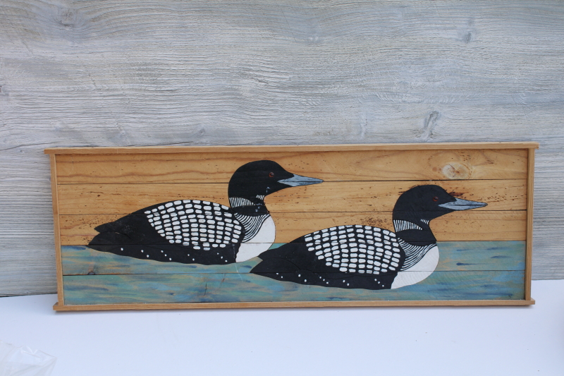 photo of primitive rustic folk art style loons bird wildlife painting on wood boards plank #1