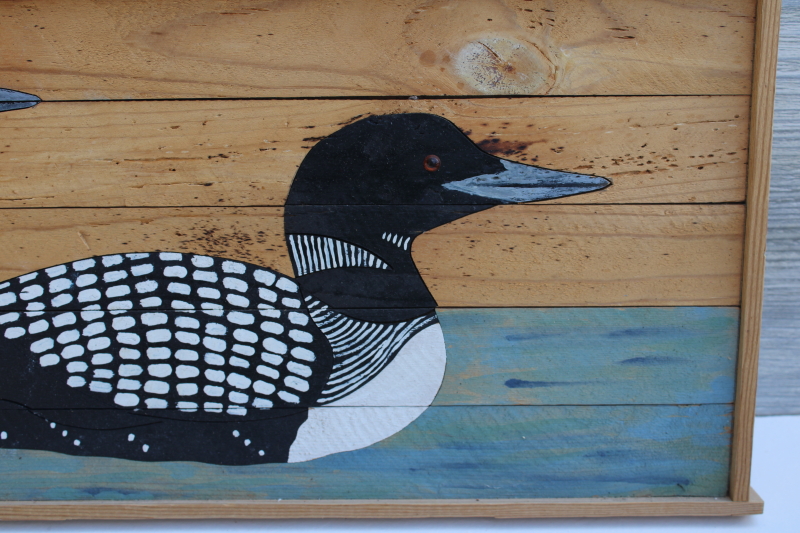 photo of primitive rustic folk art style loons bird wildlife painting on wood boards plank #2