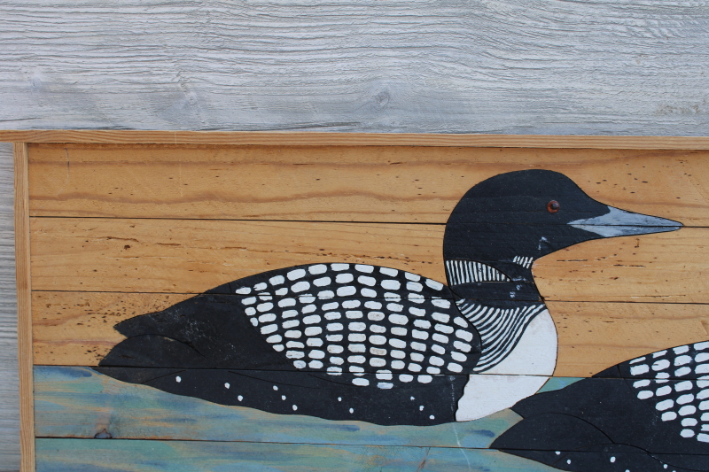 photo of primitive rustic folk art style loons bird wildlife painting on wood boards plank #3