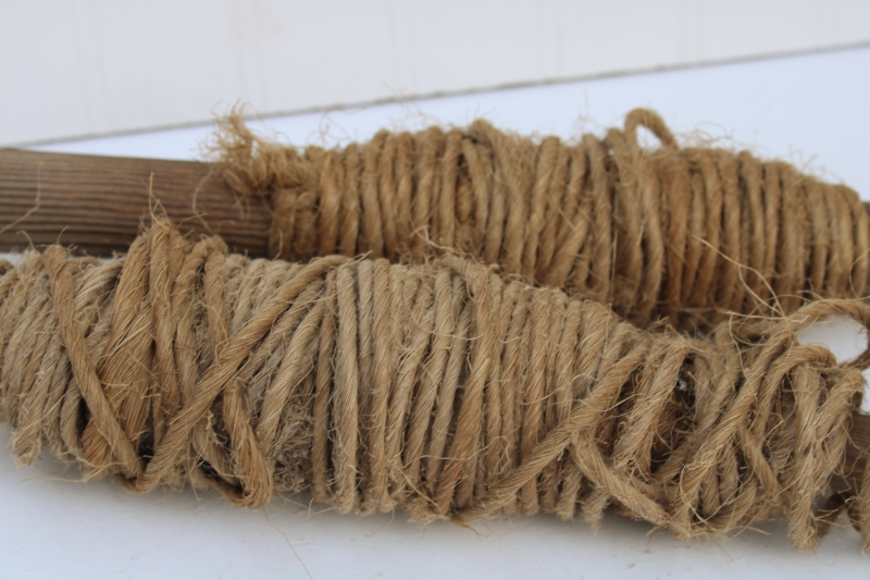 photo of primitive rustic old farm tool, garden row marker wood stakes w/ sisal baling twine rope #2