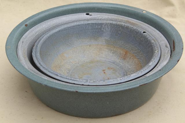 photo of primitive rustic vintage graniteware enamel dish pans or camp basins in shades of grey #1