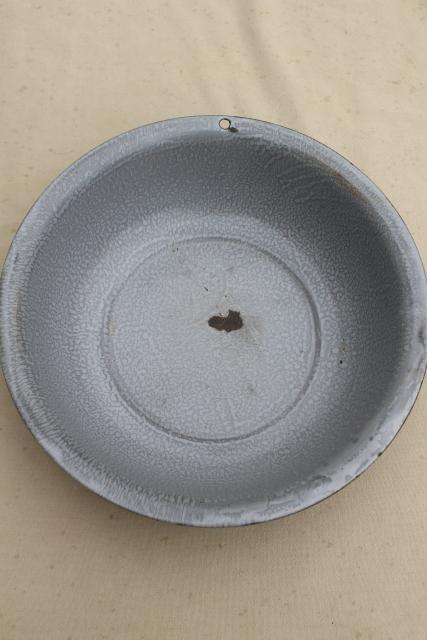 photo of primitive rustic vintage graniteware enamel dish pans or camp basins in shades of grey #2