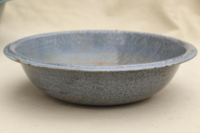 photo of primitive rustic vintage graniteware enamel dish pans or camp basins in shades of grey #4