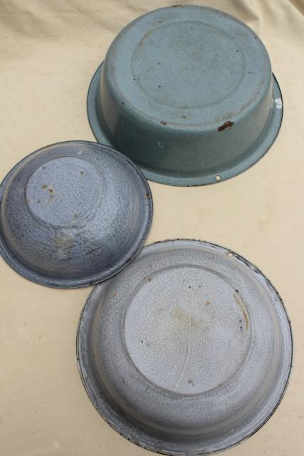 photo of primitive rustic vintage graniteware enamel dish pans or camp basins in shades of grey #8