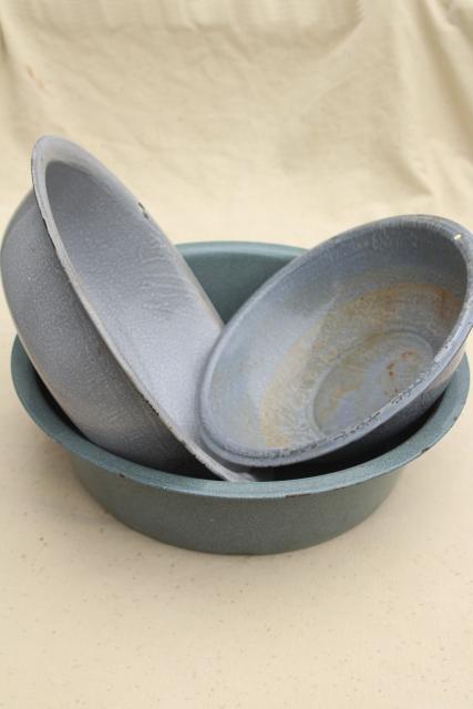 photo of primitive rustic vintage graniteware enamel dish pans or camp basins in shades of grey #9