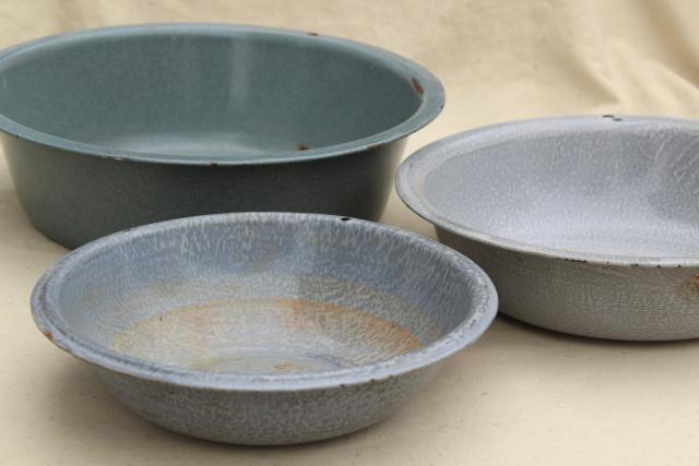 photo of primitive rustic vintage graniteware enamel dish pans or camp basins in shades of grey #10