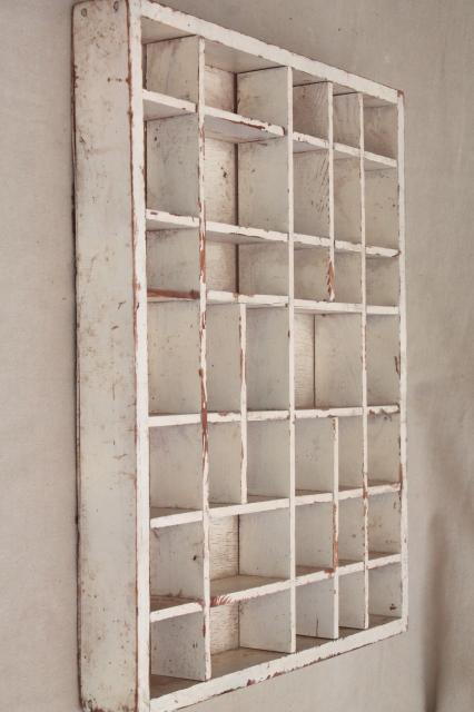 photo of primitive rustic vintage wood shadowbox w/ cubbyholes, shabby rough old paint #5