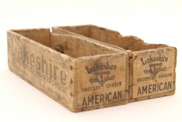 catalog photo of primitive rustic wood cubby or storage tray, old wooden Lakeshire cheese boxes