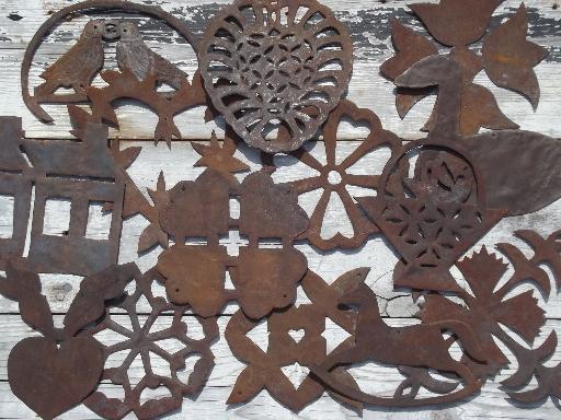 photo of primitive rusty metal folk art cutouts, country antique tole ware wall art lot  #1