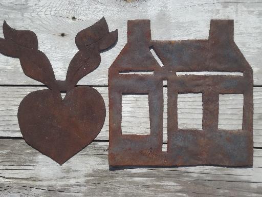 photo of primitive rusty metal folk art cutouts, country antique tole ware wall art lot  #2