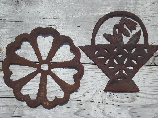 photo of primitive rusty metal folk art cutouts, country antique tole ware wall art lot  #5