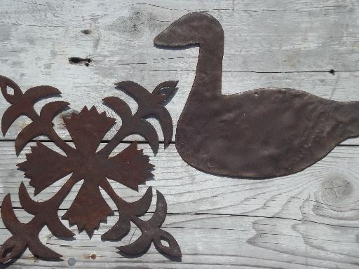 photo of primitive rusty metal folk art cutouts, country antique tole ware wall art lot  #6