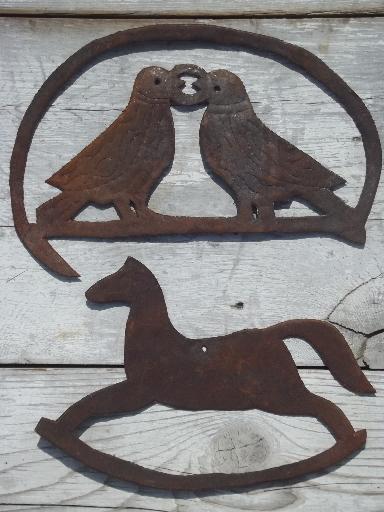 photo of primitive rusty metal folk art cutouts, country antique tole ware wall art lot  #8