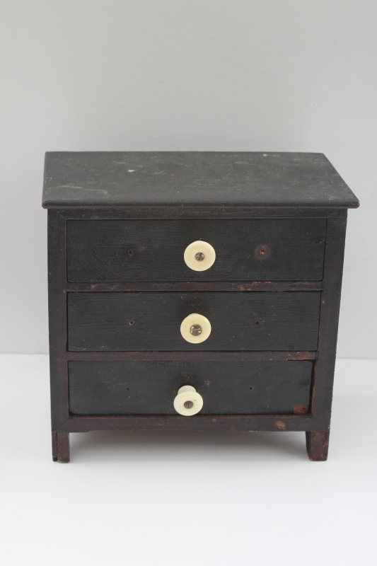 photo of primitive small chest of drawers, antique doll furniture, sewing or jewelry box, original old dark wood #1