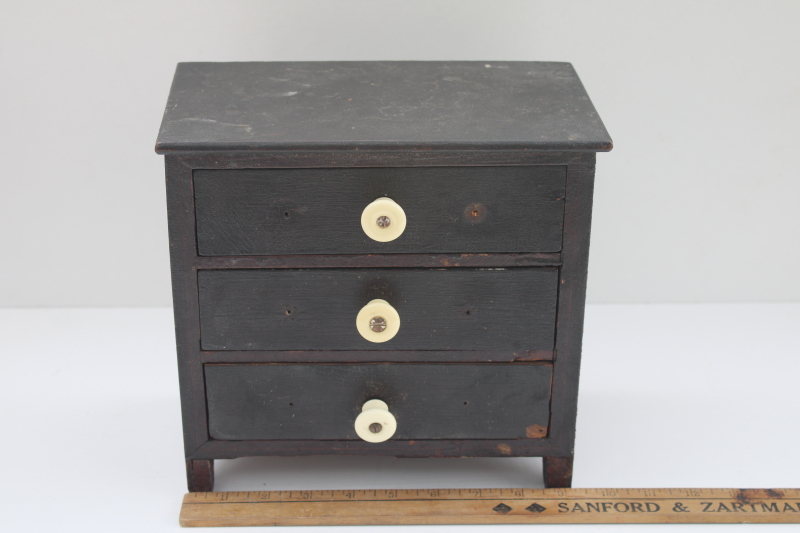 photo of primitive small chest of drawers, antique doll furniture, sewing or jewelry box, original old dark wood #5