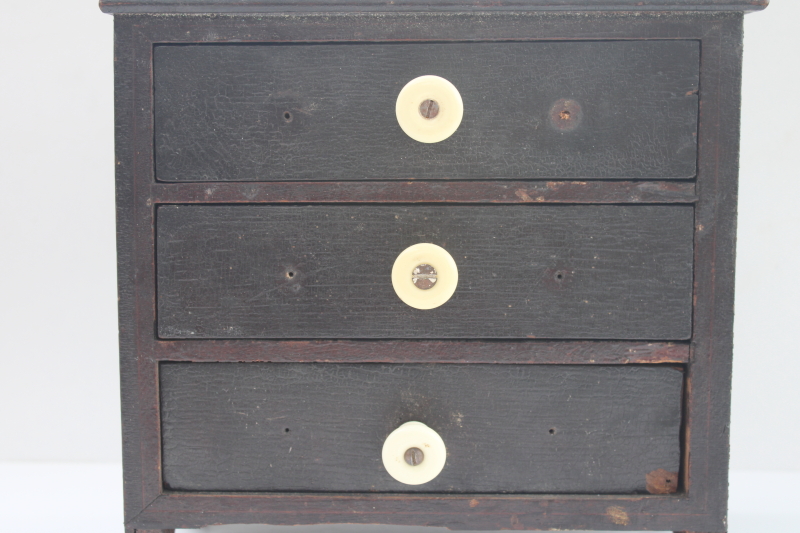 photo of primitive small chest of drawers, antique doll furniture, sewing or jewelry box, original old dark wood #7