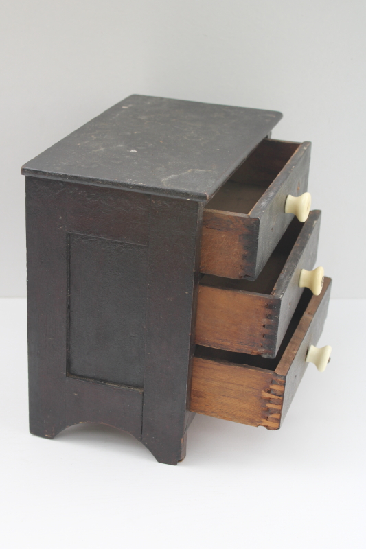 photo of primitive small chest of drawers, antique doll furniture, sewing or jewelry box, original old dark wood #9