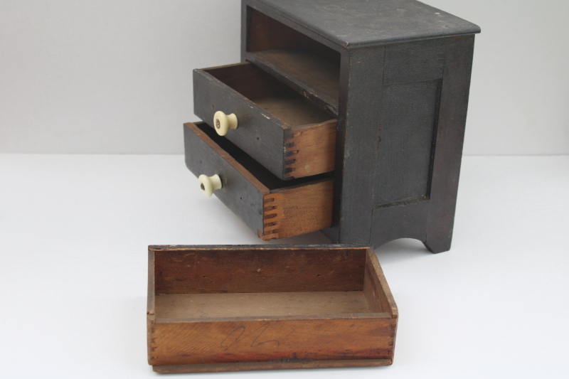 photo of primitive small chest of drawers, antique doll furniture, sewing or jewelry box, original old dark wood #11