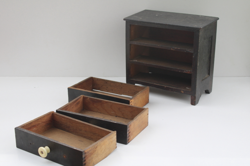 photo of primitive small chest of drawers, antique doll furniture, sewing or jewelry box, original old dark wood #14