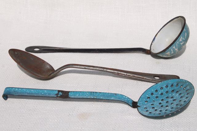 photo of primitive spoons lot dipper, skimmer, long handled metal spoon - vintage camp / kitchen cookware #2
