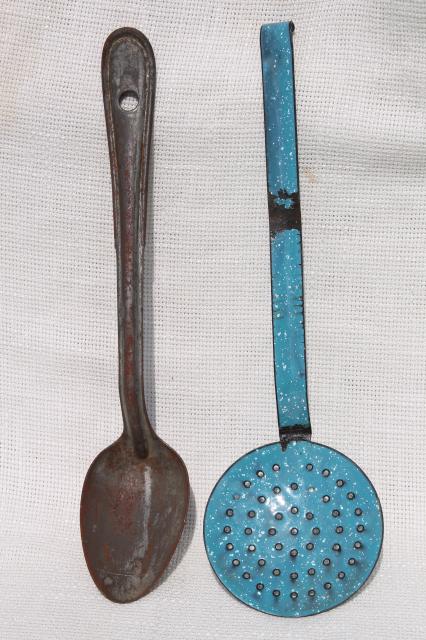 photo of primitive spoons lot dipper, skimmer, long handled metal spoon - vintage camp / kitchen cookware #6
