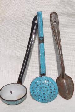 catalog photo of primitive spoons lot dipper, skimmer, long handled metal spoon - vintage camp / kitchen cookware