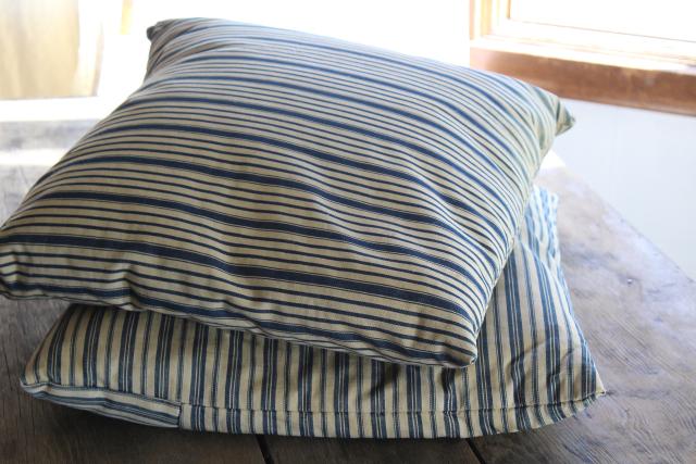 photo of primitive square feather pillows or bench cushions, vintage indigo blue wide stripe fabric #1