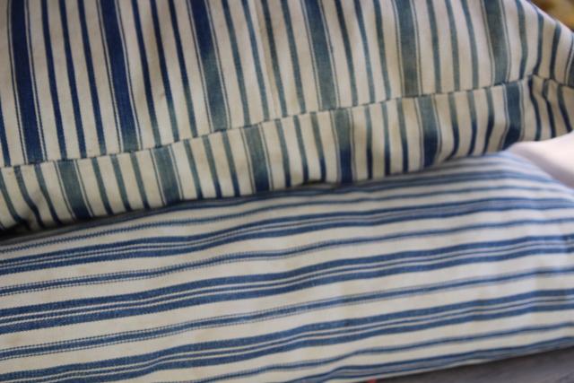 photo of primitive square feather pillows or bench cushions, vintage indigo blue wide stripe fabric #2