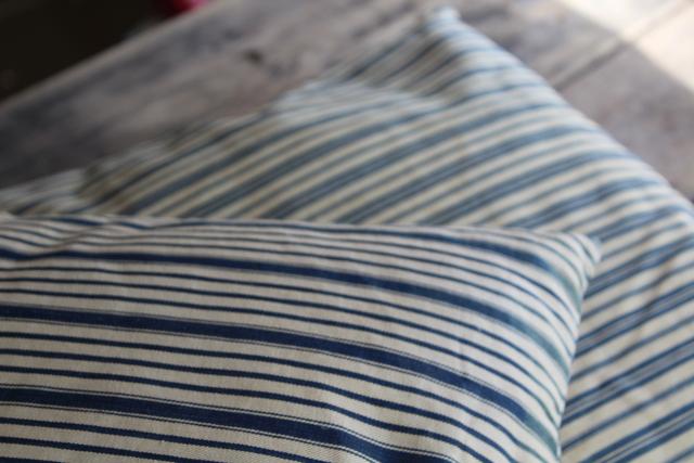 photo of primitive square feather pillows or bench cushions, vintage indigo blue wide stripe fabric #3