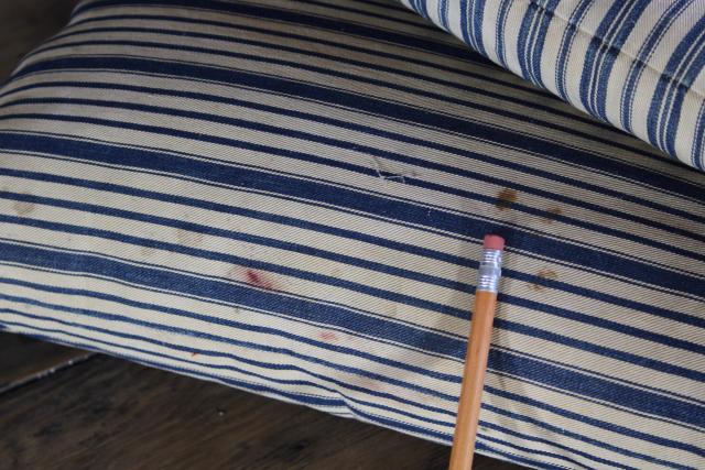 photo of primitive square feather pillows or bench cushions, vintage indigo blue wide stripe fabric #6