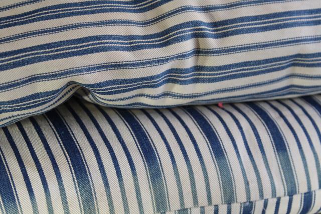 photo of primitive square feather pillows or bench cushions, vintage indigo blue wide stripe fabric #9