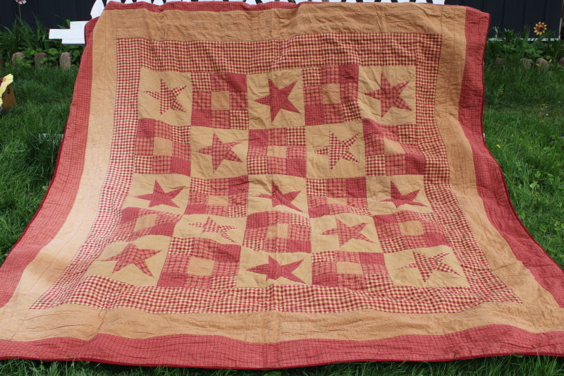 photo of primitive stars barn red & tan patchwork cotton quilt queen 80s 90s vintage #1