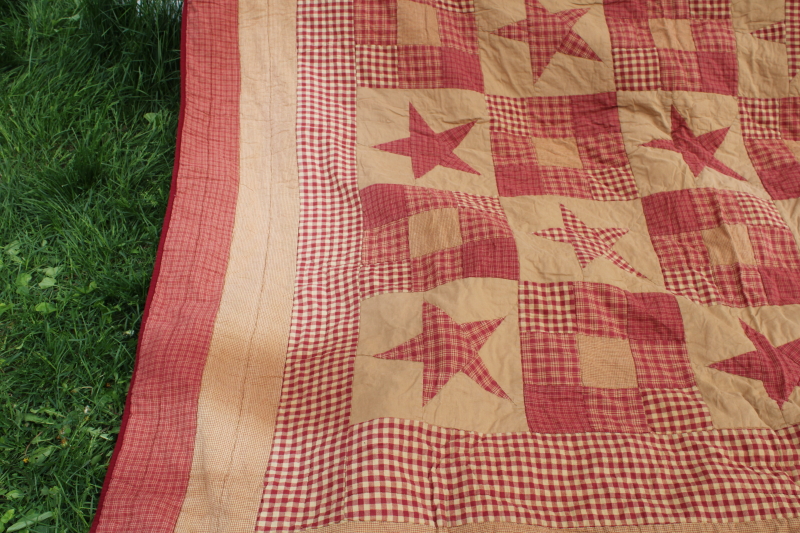 photo of primitive stars barn red & tan patchwork cotton quilt queen 80s 90s vintage #2