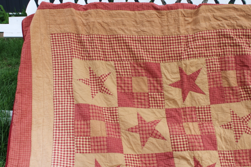 photo of primitive stars barn red & tan patchwork cotton quilt queen 80s 90s vintage #3
