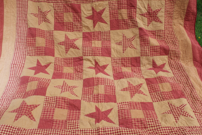 photo of primitive stars barn red & tan patchwork cotton quilt queen 80s 90s vintage #4