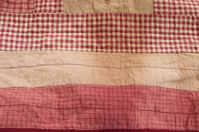 photo of primitive stars barn red & tan patchwork cotton quilt queen 80s 90s vintage #6